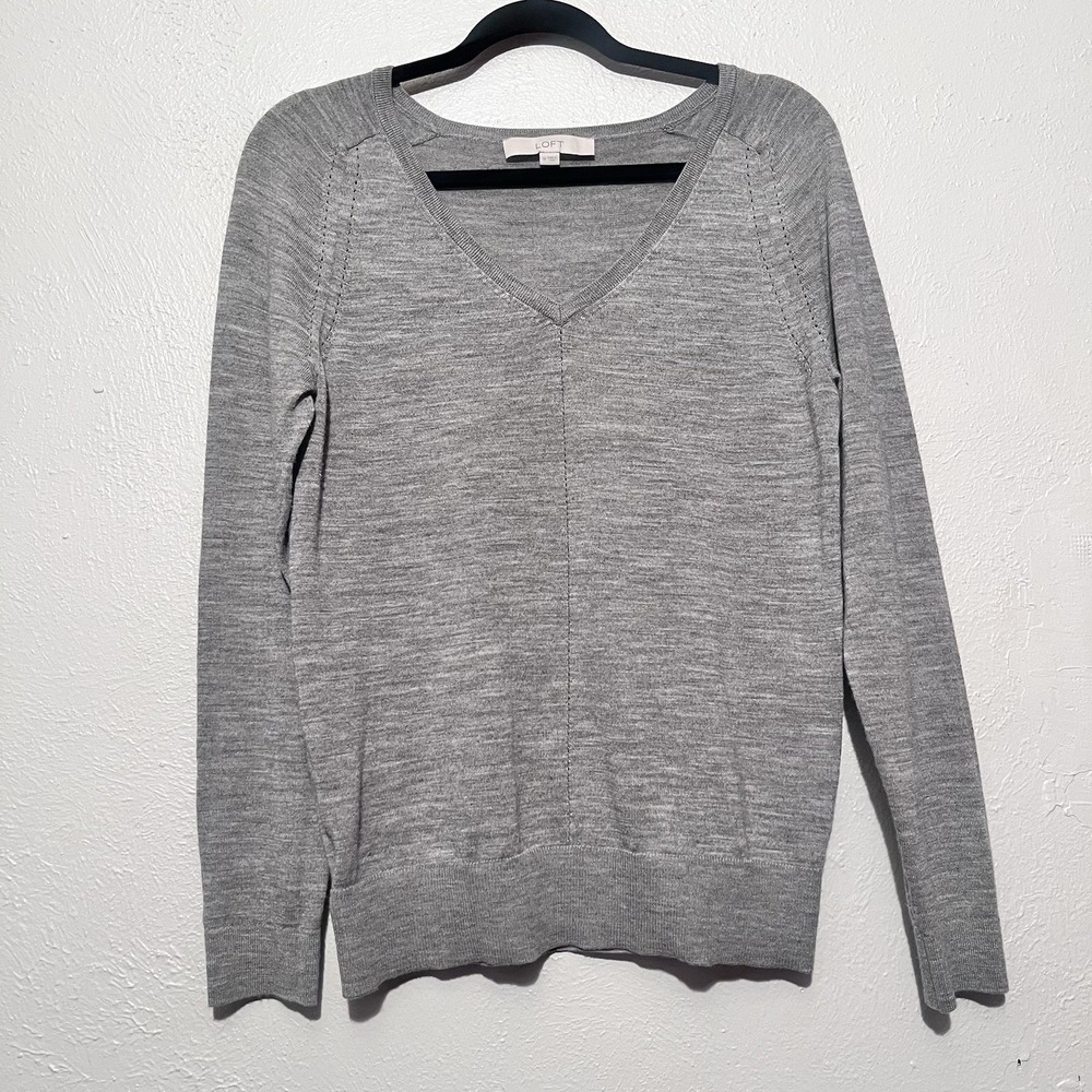 Loft V-Neck Sweater Womens Gray Wool Blend Pointelle M